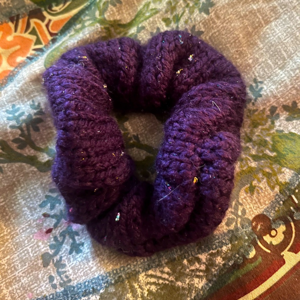 Hand knit purple scrunchie bracelet